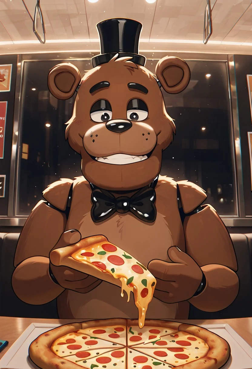 masterpiece, best quality, amazing quality, very aesthetic, absurdres, newest, detailed background,
cartoon, screencap,
freddyit, 1boy, black mini top hat, black bowtie, bear ears, joints, teeth, animatronic,
closed mouth, smile, teeth, holding pizza slice, dynamic pose, stretchy cheese, upper body, dynamic angle, inside restaurant,