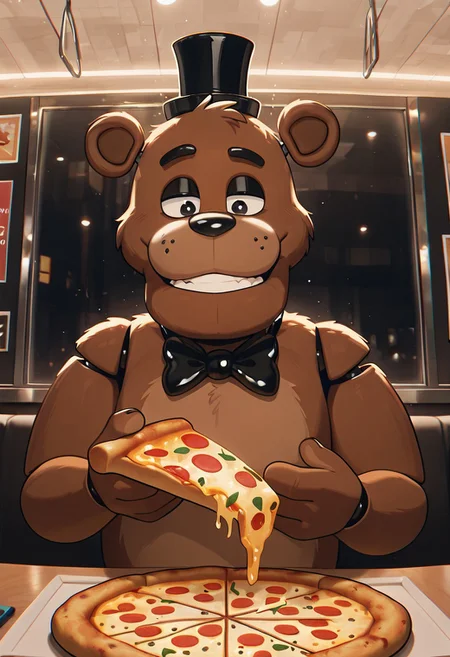 masterpiece, best quality, amazing quality, very aesthetic, absurdres, newest, detailed background,
cartoon, screencap,
freddyit, 1boy, black mini top hat, black bowtie, bear ears, joints, teeth, animatronic,
closed mouth, smile, teeth, holding pizza slice, dynamic pose, stretchy cheese, upper body, dynamic angle, inside restaurant,