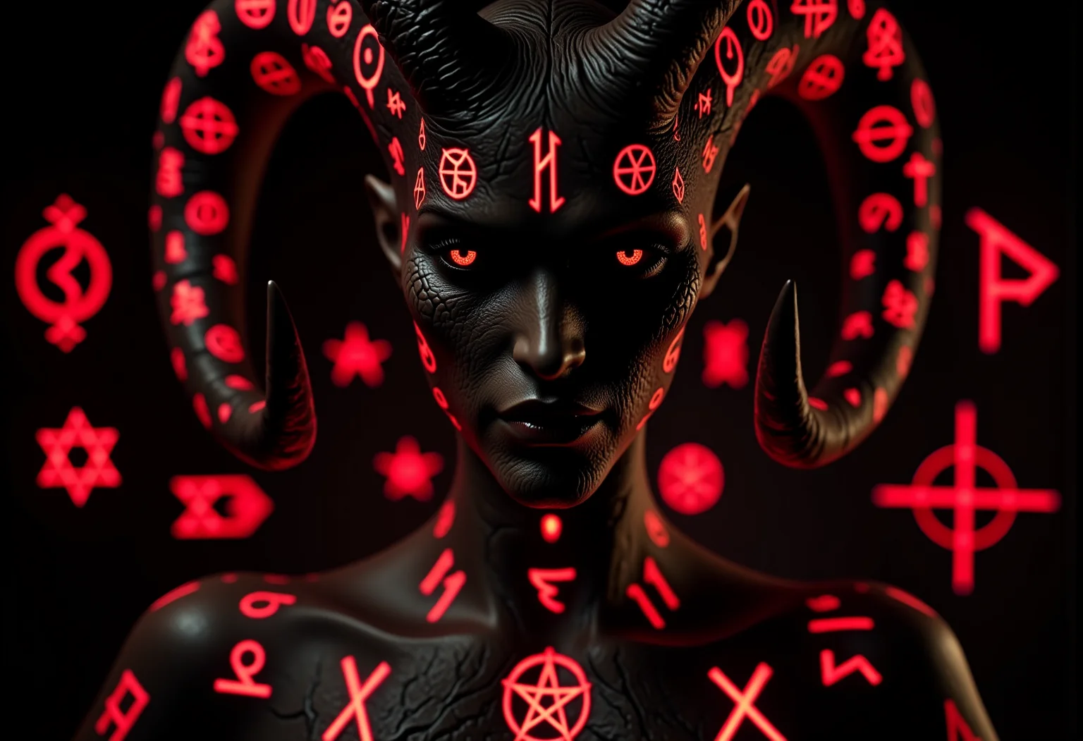 . A close-up shot of a infernal temptress, seen from below giving her a menacing and dominant appearance, her horns fractured and covered in glowing, blood-red symbols, her skin showing cracks along her cheeks and forehead with dark, pulsing light emanating from within, lit by the glow of magical sigils beneath her, giving her an ethereal, otherworldly appearance, <lora:bv-demonic-skin-runes.safetensors:0.7000000000000001:0.7000000000000001>
