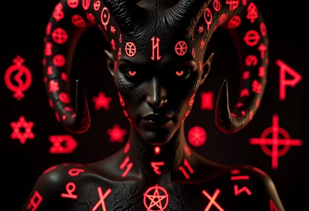 . A close-up shot of a infernal temptress, seen from below giving her a menacing and dominant appearance, her horns fractured and covered in glowing, blood-red symbols, her skin showing cracks along her cheeks and forehead with dark, pulsing light emanating from within, lit by the glow of magical sigils beneath her, giving her an ethereal, otherworldly appearance, <lora:bv-demonic-skin-runes.safetensors:0.7000000000000001:0.7000000000000001>