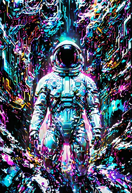 a beautiful artwork illustration, concept art sketch of an astronaut in white futuristic cybernetic armor in a dark cave, volumetric fog, godrays, high contrast, vibrant colors, vivid colors, high saturation, by Greg Rutkowski and Jesper Ejsing and Raymond Swanland and alena aenami, featured on artstation, wide angle, vertical orientation, eroded cliffs, crumbling edges, treacherous footing, panoramic vistas, <lora:detailed_notrigger:1>