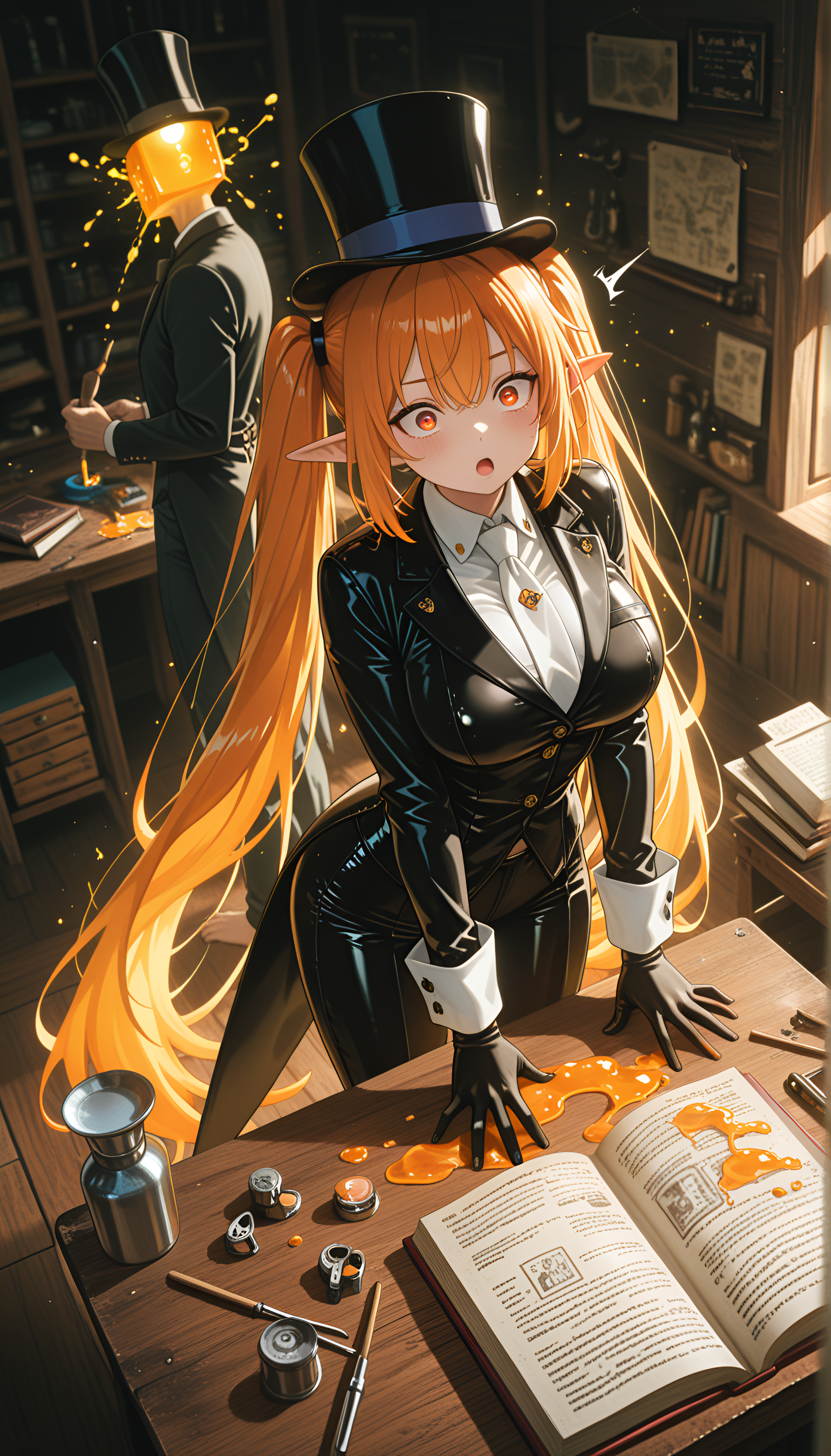 elf, Bird's eye view, masterpiece, newest, polarized, anime character, leather cover cutting, ambient occlusion, RTX, gaze directed upwards, white_tie, 8K, literary creation, depth of field, glue preparation area, knowledge preservation methods, 1girl, 1boy, light skin, commissioned project storage, amazing quality, absolutely eye-catching, quality inspection lighting, nail_polish, ultra-detailed, tailcoat, twintails, decorative finishing tools, motion_blur:1.1, page alignment station, absurdres, Startled expression (Sudden surprise/fright), best quality, book binder's workshop, BREAK, slime, top_hat, gloves, Cyan Theme, large breasts, barefoot, manuscript assembly table, motion_lines:1.1, warm light, magic glowing aura, very aesthetic, Balayage hair, BREAK, standing, looking_up - Head tilted back, very long hair