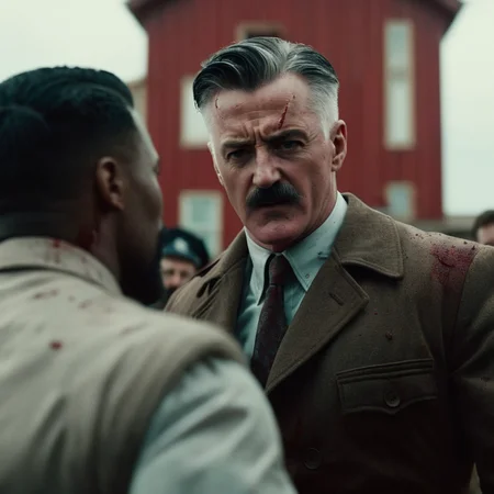 cinematic film still of <lora:J. Jonah Jameson:1>
portrait
J. Jonah Jameson a man with a mustache attacking men in a blood - soaked scene, shallow depth of field, vignette, highly detailed, high budget, bokeh, cinemascope, moody, epic, gorgeous, film grain, grainy