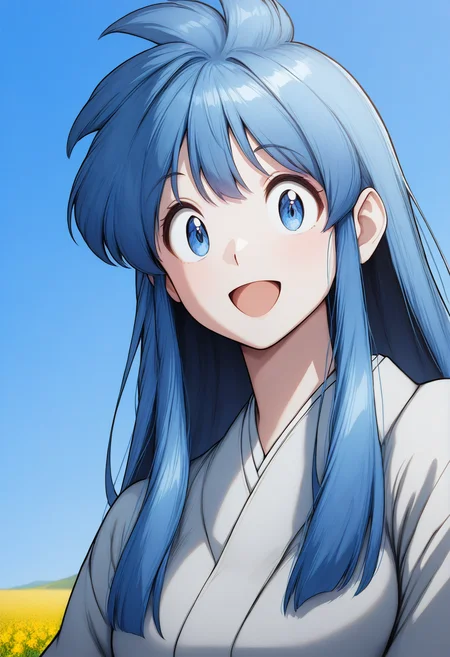 smile,
okinu-chan, blue eyes, blue hair, sidelocks, long hair, japanese clothes, long sleeves,<lora:gs_okinu-chan_illustrious_ver1:0.8>, masterpiece, best quality, general,, 1girl, solo, (field:1.2), (blue sky:1.2), looking at viewer,, (upper body:1.2), (close-up:1.2), (facing viewer:1.2), (open eyes:1.4), (portrait:1.2)