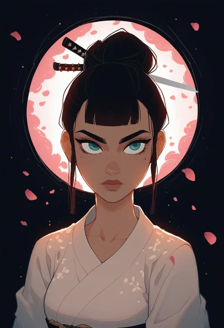 score_9, score_8_up, score_7_up, cinematic lighting, dreamy lighting, dust, light rays, steamy, magical light, (depth of field), vibrant colors, A stealthy Japanese female ninja in action under the moonlight, BREAK clad in a dark, form-fitting shinobi outfit with a mask covering her face, a katana strapped to her back, and throwing stars in hand. Cool blue and black tones, soft focus on her agile movement, high contrast, textured fabric and shadows, shallow depth of field, dramatic moonlight glow, rich details. Background: a traditional Japanese village at night, dimly lit lanterns, rooftops, and faint mist, with cherry blossom petals drifting silently, creating an atmosphere of mystery and precision. waist up, dynamic angle, soft lighting