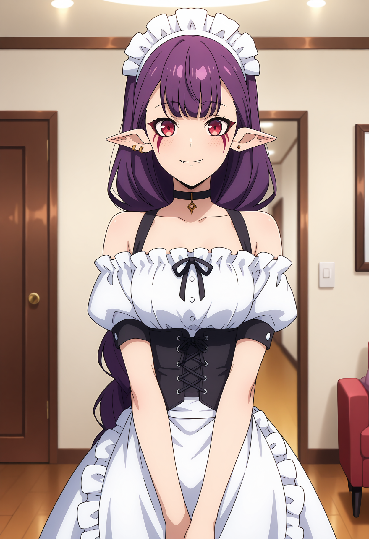 anime screencap, masterpiece, best quality,
<lora:SoloLeveling_EsilRadiru_IlluXL:0.9>,
1girl, solo, closed mouth, smile, fang out, blush,
single braid, long hair, purple hair, red eyes, facial mark, pointy ears, earrings,
maid, maid headdress, black choker, off-shoulder dress, white dress, black corset, puffy short sleeves, waist apron, white apron,
v arms, standing, looking at viewer, 
indoors, living room, blurry background
