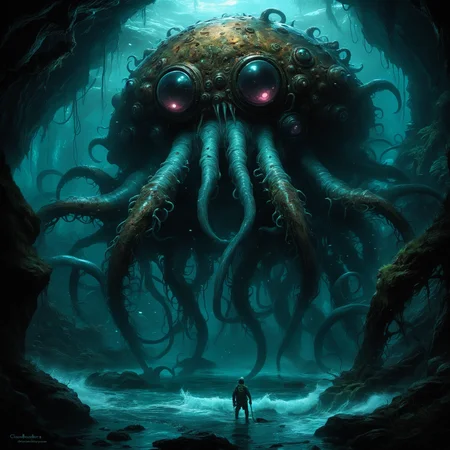 vorgon famous artwork inspired by (asher brown durand:1.4) and (noah bradley:1.2) and (chuck lukacs:1.1) and (terese nielsen:1.1), detailed expressive eyes, fantasy style, deep within a subterranean uddershlurp on planet "blunderbunny x", the "stormy chumblefrotz" with its many tentacles and iconic long sassled shnorbsabbler lurks, illuminated by bioluminescent fungi while eerie underflipted waters shimmer in the zoddering skruffleplink
 <lora:add-detail-xl:1> <lora:OverallDetailXL:1> OverallDetailXL