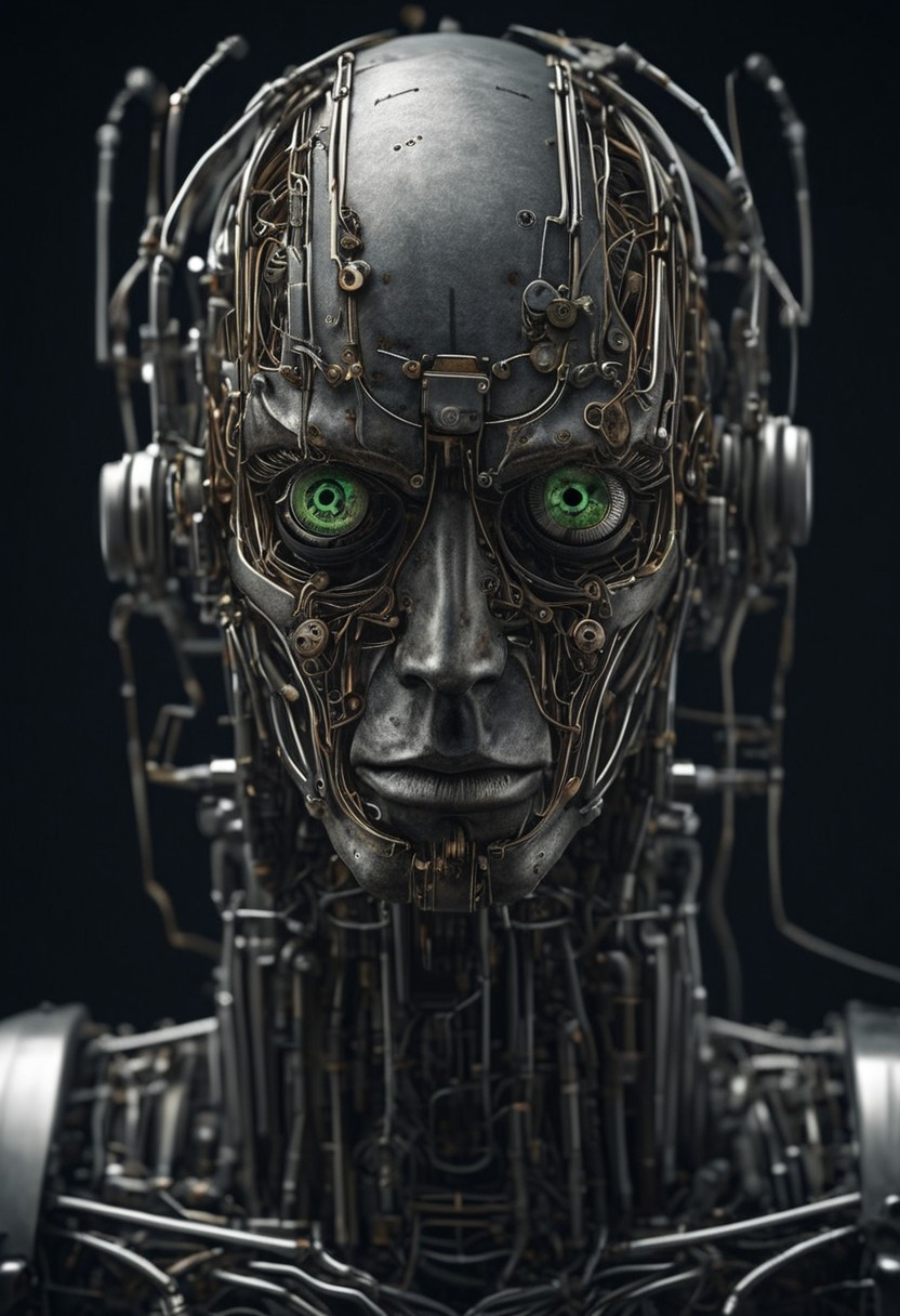 wired-cyborg. Portrait of a Robot like Knight made of wires, cables, half face made of technical parts, Piercing eyes, looking at viewer
