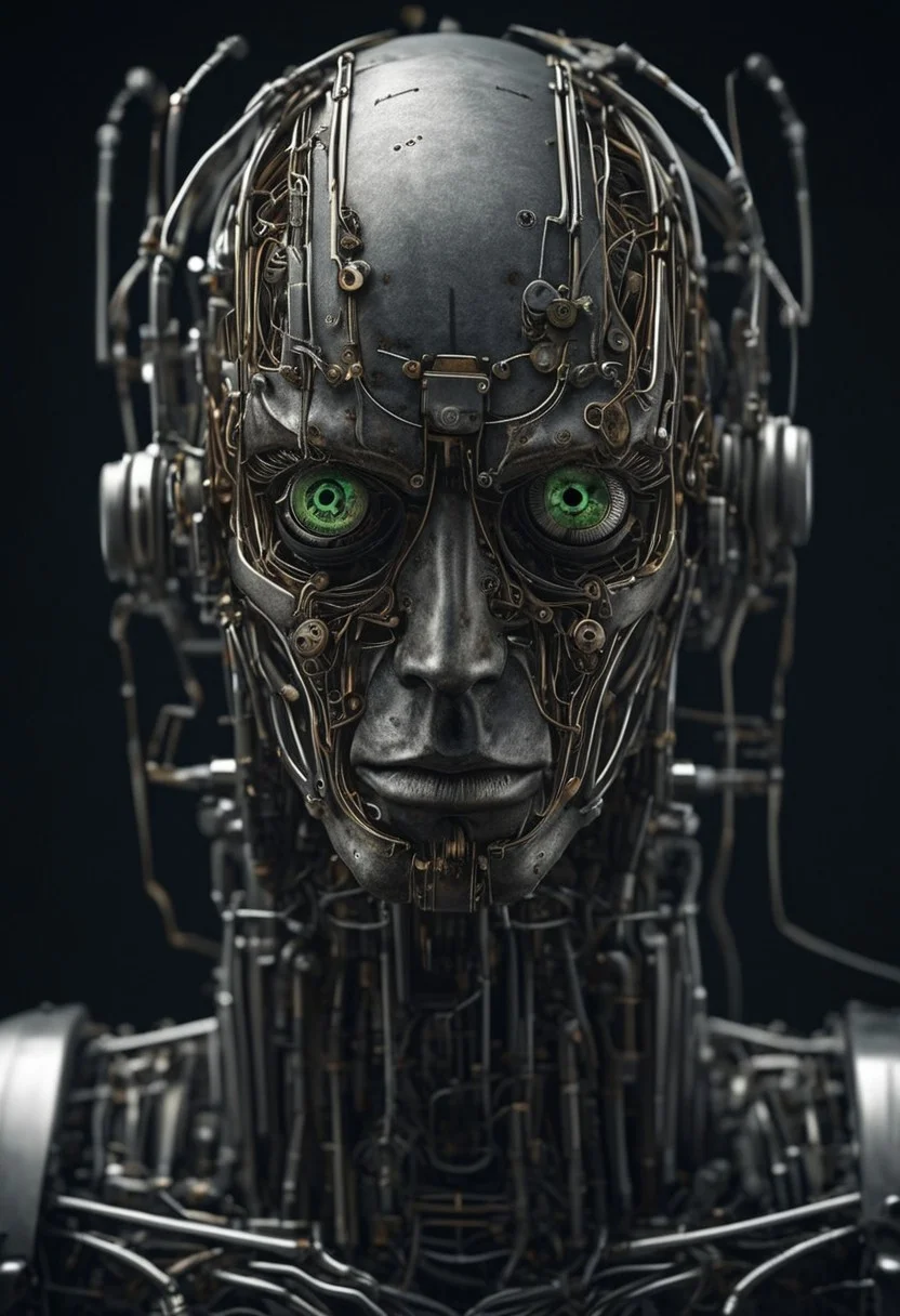wired-cyborg. Portrait of a Robot like Knight made of wires, cables, half face made of technical parts, Piercing eyes, looking at viewer