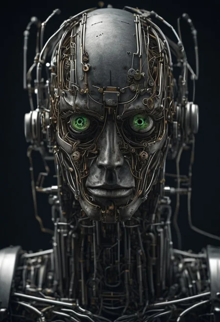 wired-cyborg. Portrait of a Robot like Knight made of wires, cables, half face made of technical parts, Piercing eyes, looking at viewer