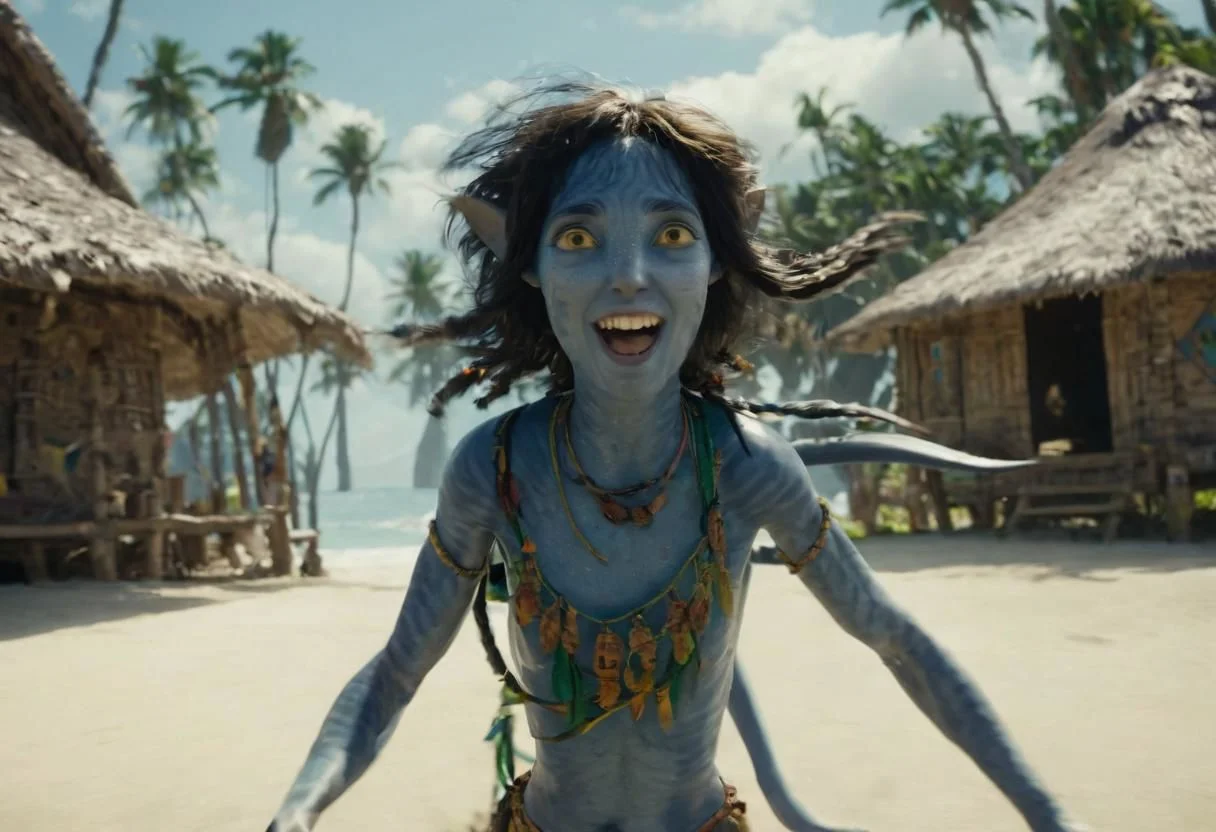 Kiri running fast and jumping on beach sand, smiling, laughing, [[closeup]], big eyes wide open, seaside, tribal huts and trees and ((sea with (high surf))) on background, symmetrical eyes, symmetrical pupils, (wide heavy necklace), SK_CINEMATIC