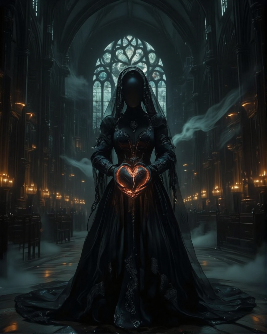 score_9, score_8_up, score_7_up, source_realistic, hyper-realistic details, ultra-HD textures, high quality v3, Midjourneyart, Dark Neon Fantasy, masterpiece.  
A black, faceless mannequin stands solemnly in the center of a vast, dark gothic cathedral. She wears an intricate black bridal widow dress with flowing layers of lace and silk, detailed with delicate embroidery and faded silver accents. A sheer black veil drapes over her smooth, featureless face, obscuring any hint of identity. Her hands, outstretched toward the viewer, present a fragile, ashy heart, its cracked surface crumbling slightly as if dissolving into dust.  
- The cathedral is grand and ominous, with towering stone pillars, high arched ceilings, and intricate stained glass windows casting faint beams of pale moonlight.  
- Rows of flickering candles line the aisles, their dim glow reflecting off the mannequin’s dark attire.  
- The air is heavy with mist, and floating dust particles catch the sparse light, adding to the eerie stillness of the scene.  
- Distant echoes of an unseen choir or whispering winds create a haunting sense of presence.  
- A melancholic and mysterious atmosphere, blending gothic romance with surrealism.  
- Hyper-detailed textures of lace, flowing fabric, and the delicate cracks in the ashy heart.  
- A striking contrast between deep shadows and faint highlights, enhancing the mannequin’s ghostly presence in the cathedral’s darkness.