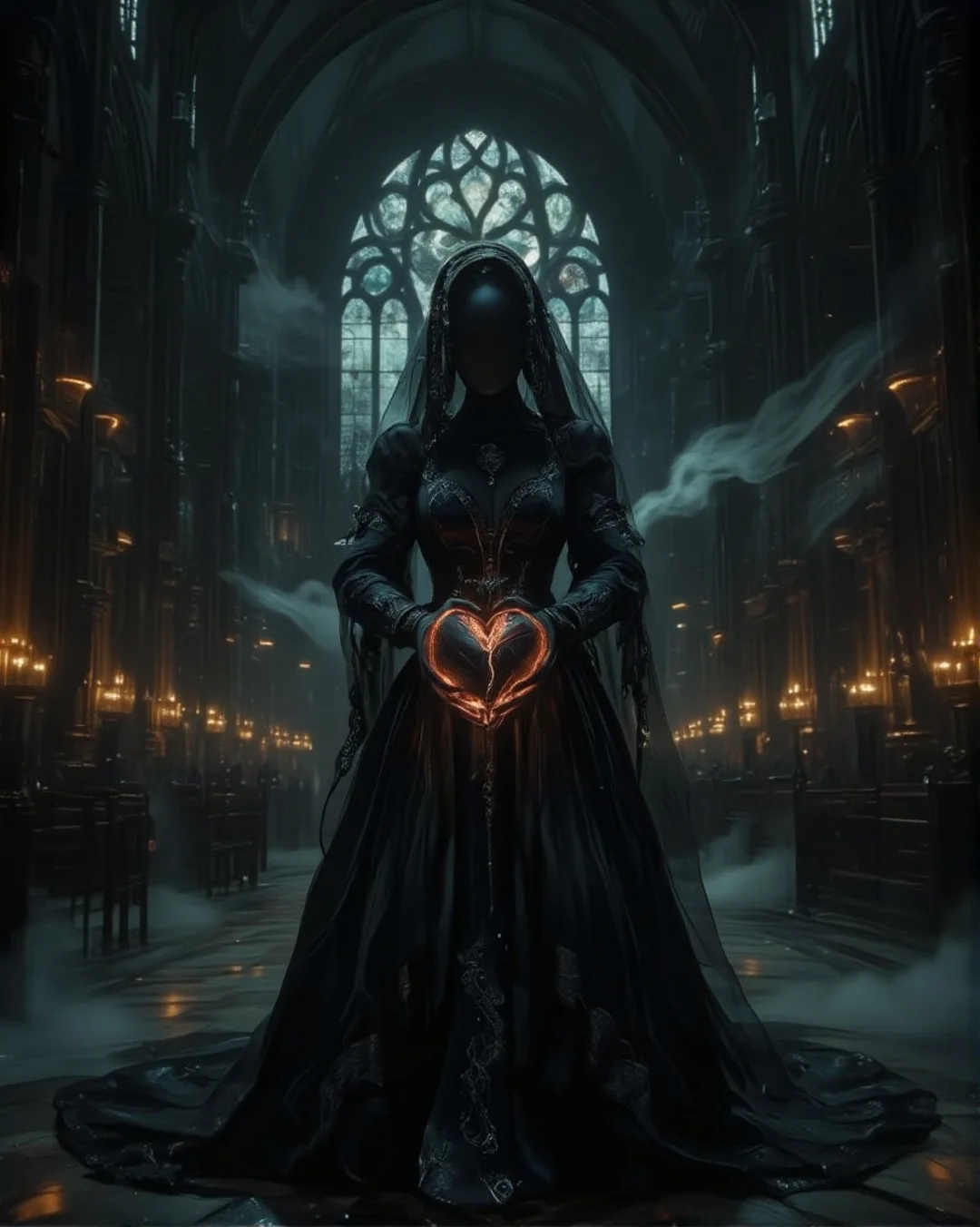 score_9, score_8_up, score_7_up, source_realistic, hyper-realistic details, ultra-HD textures, high quality v3, Midjourneyart, Dark Neon Fantasy, masterpiece.
A black, faceless mannequin stands solemnly in the center of a vast, dark gothic cathedral. She wears an intricate black bridal widow dress with flowing layers of lace and silk, detailed with delicate embroidery and faded silver accents. A sheer black veil drapes over her smooth, featureless face, obscuring any hint of identity. Her hands, outstretched toward the viewer, present a fragile, ashy heart, its cracked surface crumbling slightly as if dissolving into dust.
- The cathedral is grand and ominous, with towering stone pillars, high arched ceilings, and intricate stained glass windows casting faint beams of pale moonlight.
- Rows of flickering candles line the aisles, their dim glow reflecting off the mannequin’s dark attire.
- The air is heavy with mist, and floating dust particles catch the sparse light, adding to the eerie stillness of the scene.
- Distant echoes of an unseen choir or whispering winds create a haunting sense of presence.
- A melancholic and mysterious atmosphere, blending gothic romance with surrealism.
- Hyper-detailed textures of lace, flowing fabric, and the delicate cracks in the ashy heart.
- A striking contrast between deep shadows and faint highlights, enhancing the mannequin’s ghostly presence in the cathedral’s darkness.