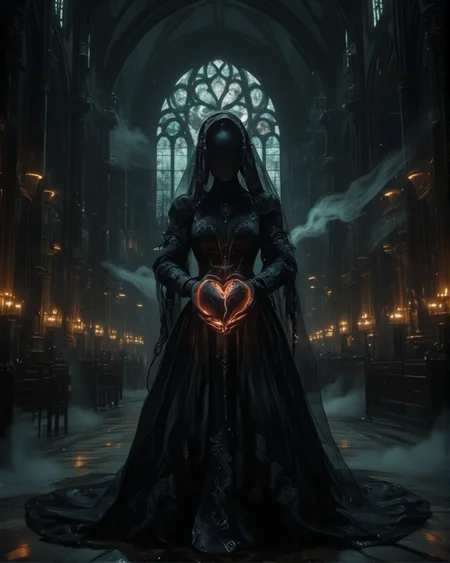 score_9, score_8_up, score_7_up, source_realistic, hyper-realistic details, ultra-HD textures, high quality v3, Midjourneyart, Dark Neon Fantasy, masterpiece.
A black, faceless mannequin stands solemnly in the center of a vast, dark gothic cathedral. She wears an intricate black bridal widow dress with flowing layers of lace and silk, detailed with delicate embroidery and faded silver accents. A sheer black veil drapes over her smooth, featureless face, obscuring any hint of identity. Her hands, outstretched toward the viewer, present a fragile, ashy heart, its cracked surface crumbling slightly as if dissolving into dust.
- The cathedral is grand and ominous, with towering stone pillars, high arched ceilings, and intricate stained glass windows casting faint beams of pale moonlight.
- Rows of flickering candles line the aisles, their dim glow reflecting off the mannequin’s dark attire.
- The air is heavy with mist, and floating dust particles catch the sparse light, adding to the eerie stillness of the scene.
- Distant echoes of an unseen choir or whispering winds create a haunting sense of presence.
- A melancholic and mysterious atmosphere, blending gothic romance with surrealism.
- Hyper-detailed textures of lace, flowing fabric, and the delicate cracks in the ashy heart.
- A striking contrast between deep shadows and faint highlights, enhancing the mannequin’s ghostly presence in the cathedral’s darkness.