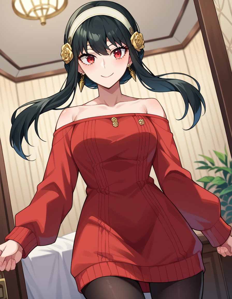score_9, score_8_up, score_7_up, source_anime, 
yorbriar, <lora:yor-briar-ponyxl-lora-nochekaiser:1>, 
yor briar, black hair, red eyes, earrings, white hairband, hairband, long hair, sidelocks, smile,
bare shoulders, collarbone, dress, long sleeves, off shoulder, off-shoulder dress, off-shoulder sweater, pantyhose, red sweater, sweater, sweater dress, thighs,
indoors,
looking at viewer, cowboy shot, dutch angle, dynamic pose,