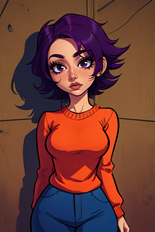 Paula Small, short purple hair,black eyes, lips, eyes half open,  bored,  dark skin, 
orange sweater, blue pants, 
 solo, upper body, 
home, basement, 
(insanely detailed,  masterpiece, best quality), <lora:PaulaSmall:0.8>