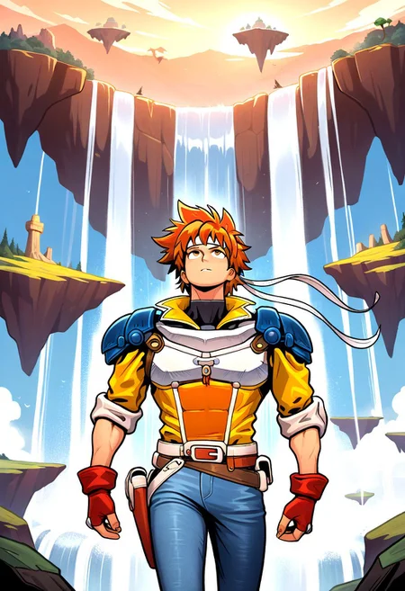 masterpiece, best quality, amazing quality, very aesthetic, absurdres, newest, 1boy, arthuffl3, toned male, brown-orange hair, long white headband, blue shoulder pads, white breastplate, yellow jacket, blue jeans, belt with holster, red fingerless gloves, red boots, floating island, waterfall, looking up, cowboy shot,