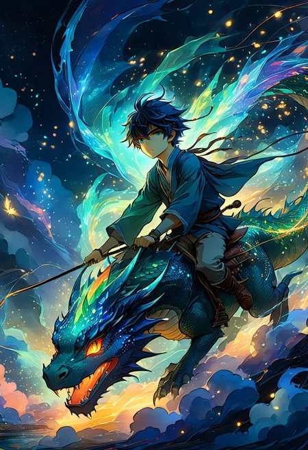 mix of watercolor and oil painting, anime artwork, anime style, studio anime, etheral, motion lines, glowing, Chiaroscuro, 1 boy, cute, ethereal, magic, cinematic composition, riding a dragon, deep colors, vivid, colorful, fairy tale aethestics, magic, fireflies, cinematic composition, volumetric lighting, volumetric fogs, volumetric dusk, lots of volumetric clouds, cinematic composition, side view, penumbra, celestial, ethereal
