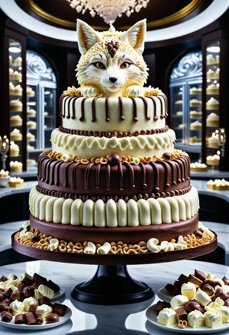A masterpiece of a giant cake, reflection shot of, ("31st Century Fox":1.3) , Sharp and in focus, intricate details, ethereal magical atmosphere, Mirror image, symmetry, creative, thoughtful, Jed-ChocoC, chocolate, cereals, <lora:last:0.7>, Jed-whtccae, <lora:WhiteChocoStyle-000005:0.6>, Jed-mrshmlw, <lora:MarshmallowStyle-000007:0.5>, Icing, stunningly beautiful background, masterpiece, positive emotions, beautiful detailed supreme quality color intricate, contemporary fine detail, dynamic dramatic composition, intense, gorgeous, pure