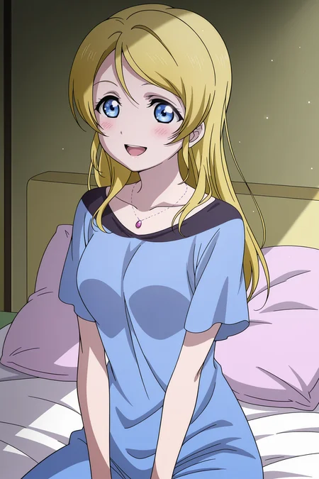 anime screencap, anime coloring, detailed face, masterpiece, best quality, very aesthetic, absurdres, volumetric lighting, official style, amazing quality, ultra detailed, highres, amazing quality, scenery, beautiful detailed hair, beautiful detailed eyes,
<lora:StS-Illustrious-Detail-Slider-v1.0:4>
<lora:Eli_Ayase_Love_Live:1>
Eli blue t-shirt pajamas (outfit), Eli Ayase (character), 1girl, solo, blonde hair, ayase eli, long hair, blue eyes, jewelry, open mouth, smile, necklace, pillow, :d, blush, shirt, hair down