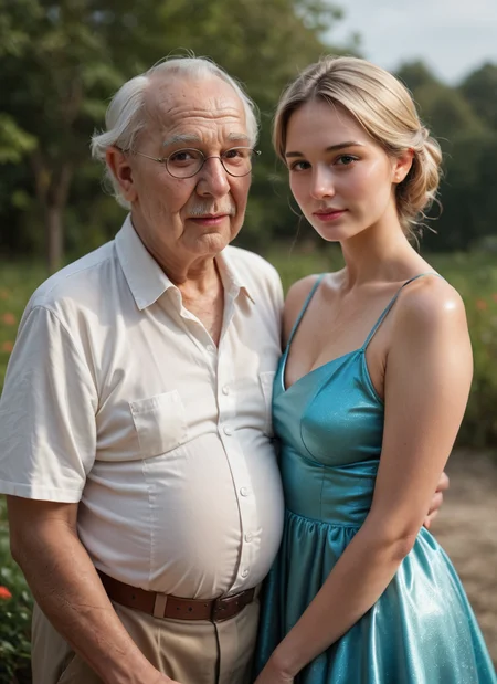 score_9, score_8_up, score_7_up,  score_9, score_8_up, score_7_up, AissistXLv2, soft skin, shiny skin,
1boy, old man, male, very old male, dress, upper body, outdoors, looking at viewer, 1girl, old woman,, , ((realistic photo, realistic,)),
