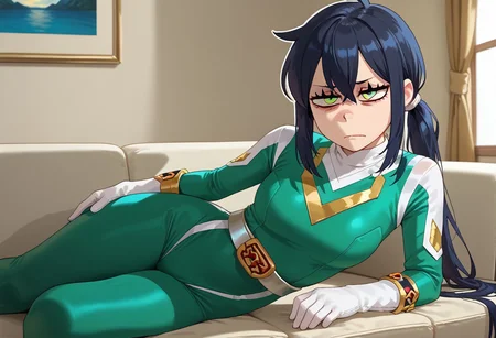 score_9, score_8_up, score_7_up, BREAK,
1girl, solo, sentaisaintforce, green bodysuit, silver belt, white gloves, spandex, m-shaped chest symbol, helmet removed, no headwear, reneegr, black hair, ponytail, sidelocks, long hair, green eyes, jitome, (bags under eyes:1.5), frown, annoyed, tired, looking at viewer, on side, hand on hip, indoors, room, sofa, Expressiveh