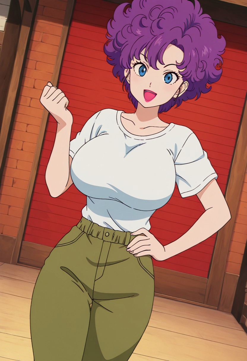 general,highres, ultra-detailed,very aesthetic,best quality ,best hands,best eyes,easynegative,
dynamic anglre, dutch angle, anime cloring,anime screencap,
1girl solo,looking at viewer,smile,open mouth,wilderness,hand on hip,
Ranfan,purple hair, blue_eyes, huge_breasts, lipstick,shirt,long pants,