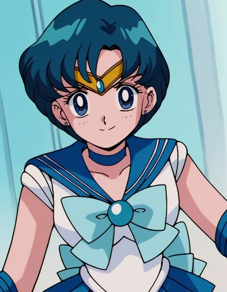 score_9, score_8_up, score_7_up, source_anime, <lora:ami-mizuno-s3-ponyxl-lora-nochekaiser:1>, ami mizuno, blue eyes, blue hair, short hair, parted bangs,, back bow, blue bow, blue choker, blue sailor collar, blue skirt, bow, choker, earrings, gloves, jewelry, magical girl, miniskirt, pleated skirt, sailor collar, sailor senshi uniform, skirt, stud earrings, tiara, sleeveless,, indoors, smile, looking at viewer, solo,, cowboy shot, dutch angle