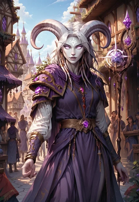 (absurdres, best quality, masterpiece:1.4), score_9, score_8_up, score_7_up, score_6_up, detailed, detailed body, detailed face, world of warcraft, fantasy, 

culDraenei, purple eyes, no sclera, no pupils, athletic, tall, slim, pale skin, grey skin, long tail, long ears,  

sorcerer, wand, magic, 

upper body, 

outdoors, fantasy village, ((multiple crowds, human, varied clothing))