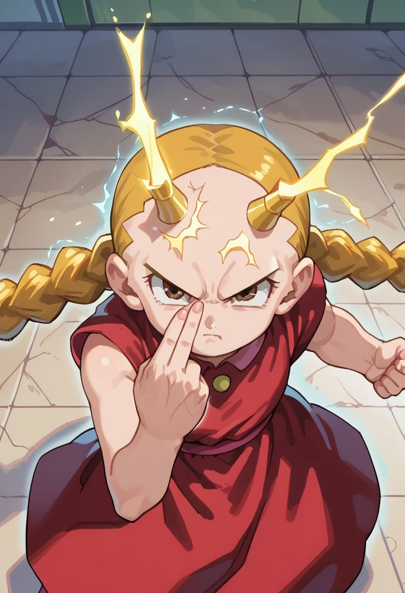 score_8, score_8_up, score_7_up, 1girl, female focus, solo, Yai Ayanokoji, forehead, shiny forehead, twin braids, red dress, standing, looking at viewer, from above, looking up, annoyed, angry, indoors, tile floor, makankosappo charge, finger on forehead, energy on finger, electricity, aura, fighting stance