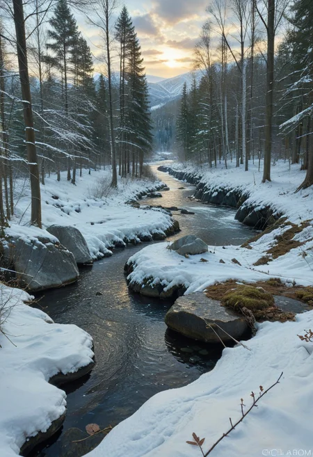 film photography, Exaggerated realistic, ultra detailed, score_9, score_8_up, score_7_up, Forest, scenery, outdoors, tree,sky, (clouds:0.3), nature, forest, creek, moss-covered rocks, sunlight streaming through leaves, winter, snow, snowy.matrix, matrix codes,codeandigital,digital world, digital, science fiction,