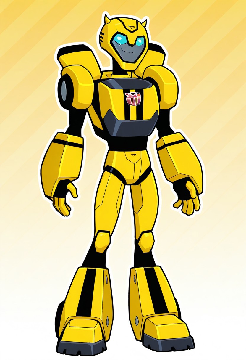 solo, bumblebee, robot, standing, smile, full body