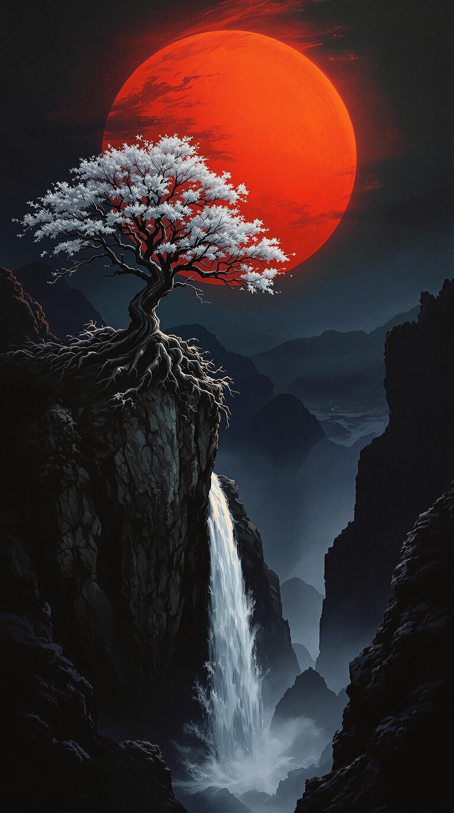 In this captivating cinematic landscape painting, the canvas is filled with a serene yet dramatic scene. A large and vivid red sun dominates the dark, almost night-like sky, casting warm hues over the darkness below. In the foreground, a gnarled tree with white foliage stands proudly atop a rocky cliff, overlooking a cascading waterfall that plunges into a misty abyss. The striking contrast between the bright red sun and the dark, moody tones of the landscape creates an enigmatic atmosphere, filled with mystery and tranquility. The waterfall adds a dynamic element, suggesting movement and the passage of time amidst the stillness of the tree and the sky. The painting masterfully blends elements of fantasy with a touch of realism, evoking a sense of natural beauty and contemplation. The overall composition is a breathtaking exploration, painting, cinematic