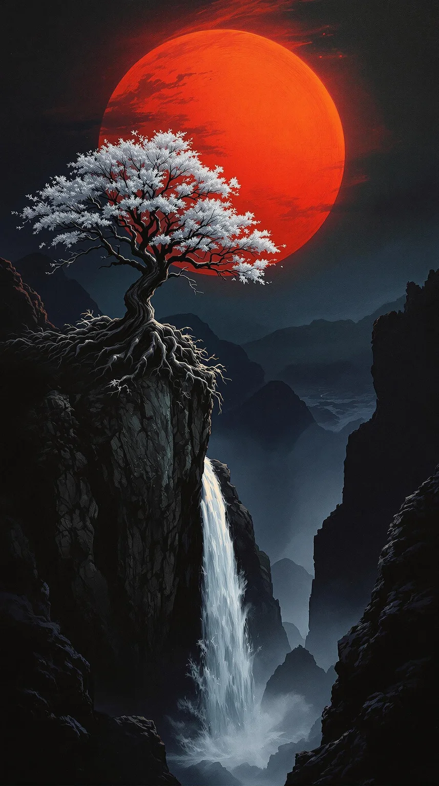 In this captivating cinematic landscape painting, the canvas is filled with a serene yet dramatic scene. A large and vivid red sun dominates the dark, almost night-like sky, casting warm hues over the darkness below. In the foreground, a gnarled tree with white foliage stands proudly atop a rocky cliff, overlooking a cascading waterfall that plunges into a misty abyss. The striking contrast between the bright red sun and the dark, moody tones of the landscape creates an enigmatic atmosphere, filled with mystery and tranquility. The waterfall adds a dynamic element, suggesting movement and the passage of time amidst the stillness of the tree and the sky. The painting masterfully blends elements of fantasy with a touch of realism, evoking a sense of natural beauty and contemplation. The overall composition is a breathtaking exploration, painting, cinematic