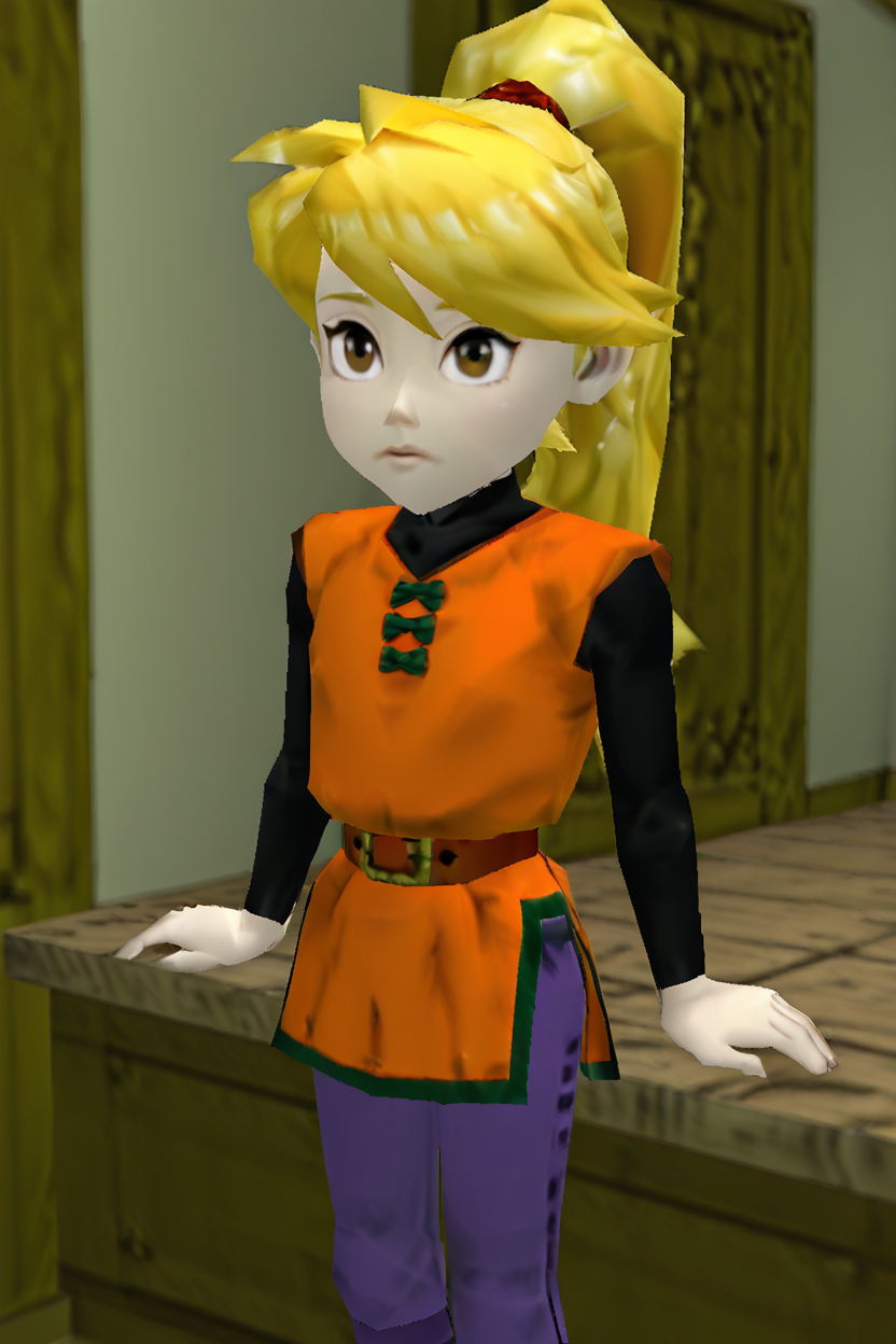 BREAK, zzYellow, brown eyes, blonde hair, long hair, ponytail, bangs, orange tunic, brown belt, pants, <lora:YellowPokemonIXL_v2:1.0> ,<lora:N64ZeldaStyleIXL:1.0>,