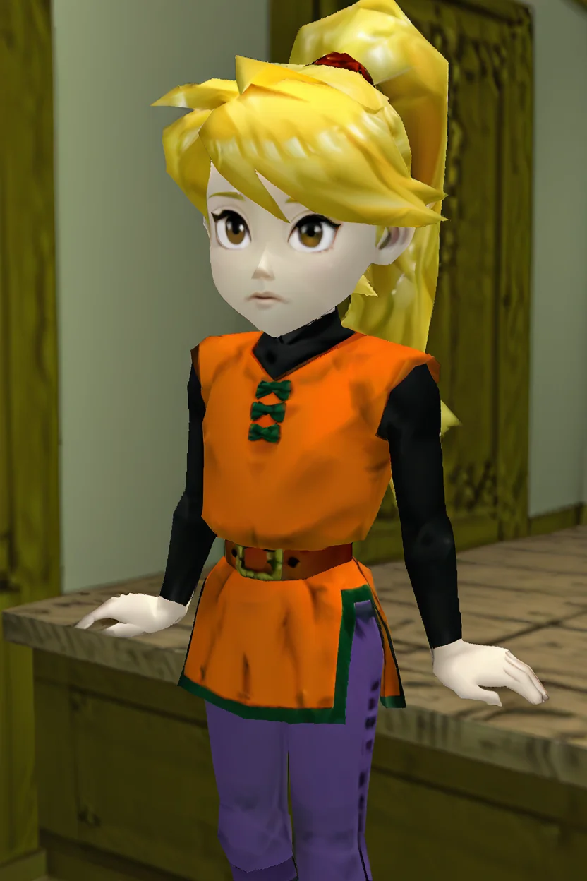 BREAK, zzYellow, brown eyes, blonde hair, long hair, ponytail, bangs, orange tunic, brown belt, pants, <lora:YellowPokemonIXL_v2:1.0> ,<lora:N64ZeldaStyleIXL:1.0>,