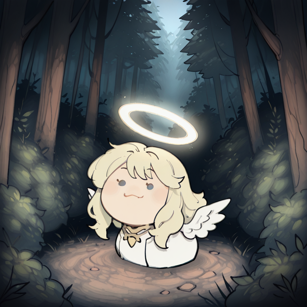 BREAK,  1girl, solo, blonde hair, wavy hair, angel, angel wings, halo, smile, sitting, forest, white dress, T00CUT3,   ,<lora:T00CUT3_IXL:1.0>,