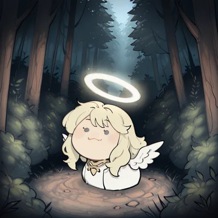 BREAK, 1girl, solo, blonde hair, wavy hair, angel, angel wings, halo, smile, sitting, forest, white dress, T00CUT3, ,<lora:T00CUT3_IXL:1.0>,