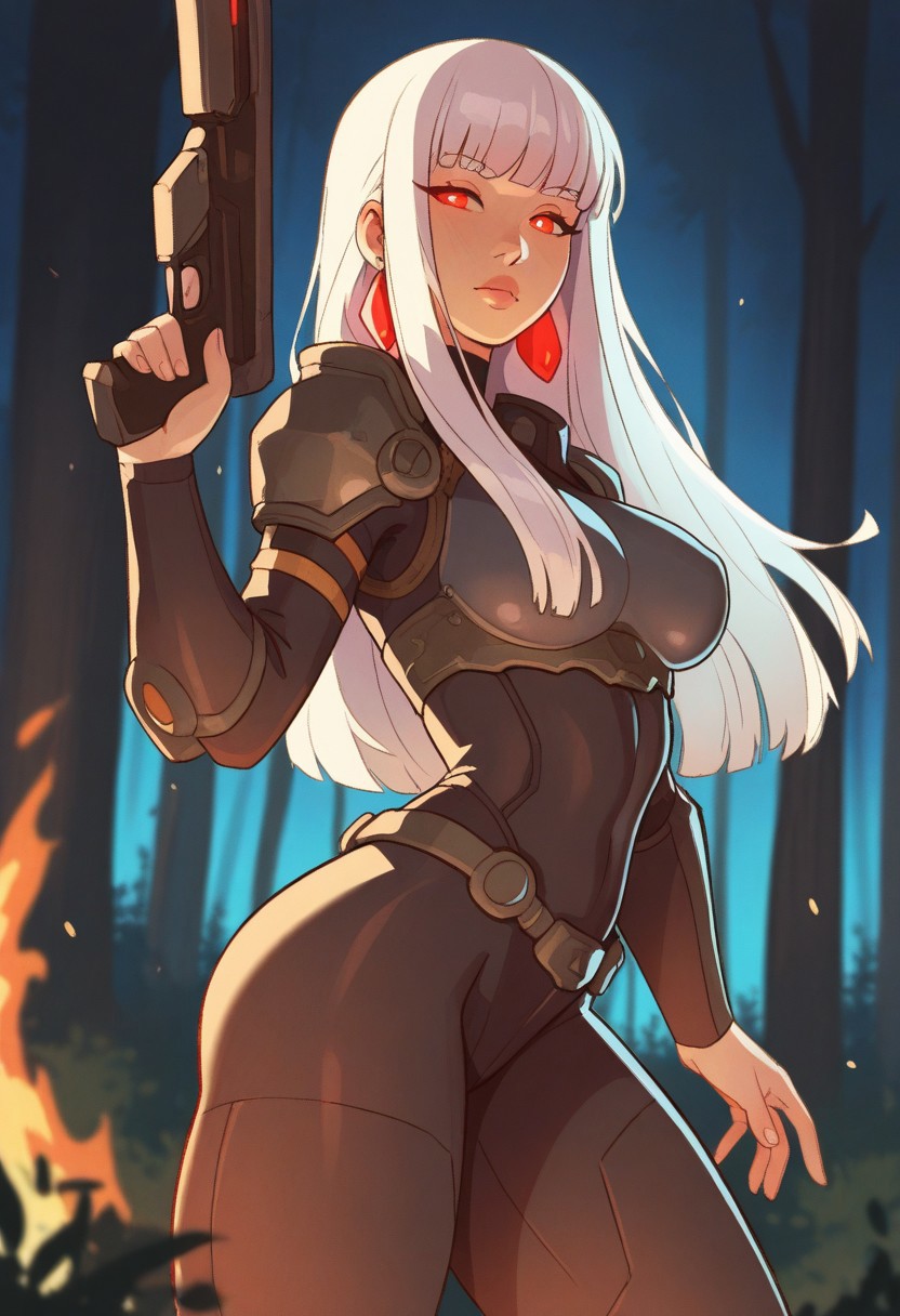 KLMSP Style, 1girl, solo, weapon, long hair, earrings, jewelry, forest, gun, nature, armor, breasts, red eyes, holding, holding weapon, white hair, science fiction, blunt bangs, holding gun, glowing, lips, outdoors, night, glowing eyes, cowboy shot, medium breasts, colored sclera, looking at viewer, fire, masterwork, masterpiece, best quality, dynamic lighting , dynamic pose,, dynamic angle, , , (lineless:1.2), detailed, , aged up, adult, depth of field, dynamic lighting, blurry, cheekbones,