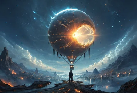 a man standing in front of a futuristic city in the form of an orb floating in the sky, concept art, inspired by Yoann Lossel, Artstation contest winner, fantasy art, steampunk hot air balloon, illuminated orbs, andrei riabovitchev symmetrical, 4 k detail fantasy, Sci-fi Environments, star cluster,space stars,clouds,stars,nebula,space art,, CyberRealistic_Negative, fenliexl, mixed media, surrealism