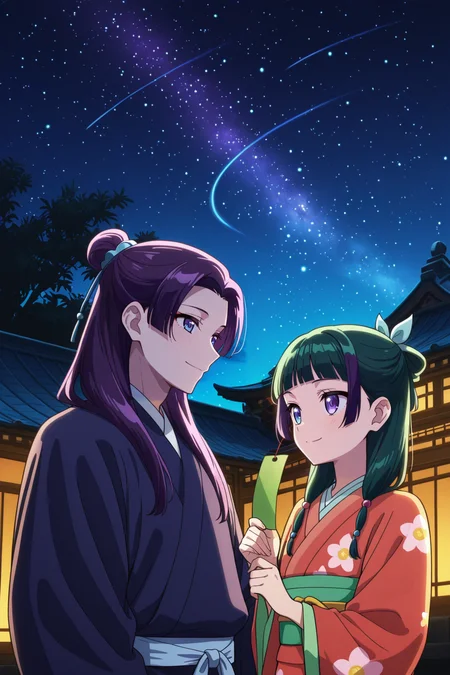 <lora:ApothecaryDiaries:1>, ApothecaryDiaries, 1girl, 1boy, purple hair, night, long hair, purple eyes, green hair, hair bun, sky, japanese clothes, hair ornament, kimono, blunt bangs, single hair bun, tanabata, holding, floral print, night sky, outdoors, star \(sky\), upper body, wide sleeves, long sleeves, blue eyes, starry sky, hair beads, half updo, sash, hair over shoulder, smile, flower, east asian architecture, sidelocks, looking at another, architecture