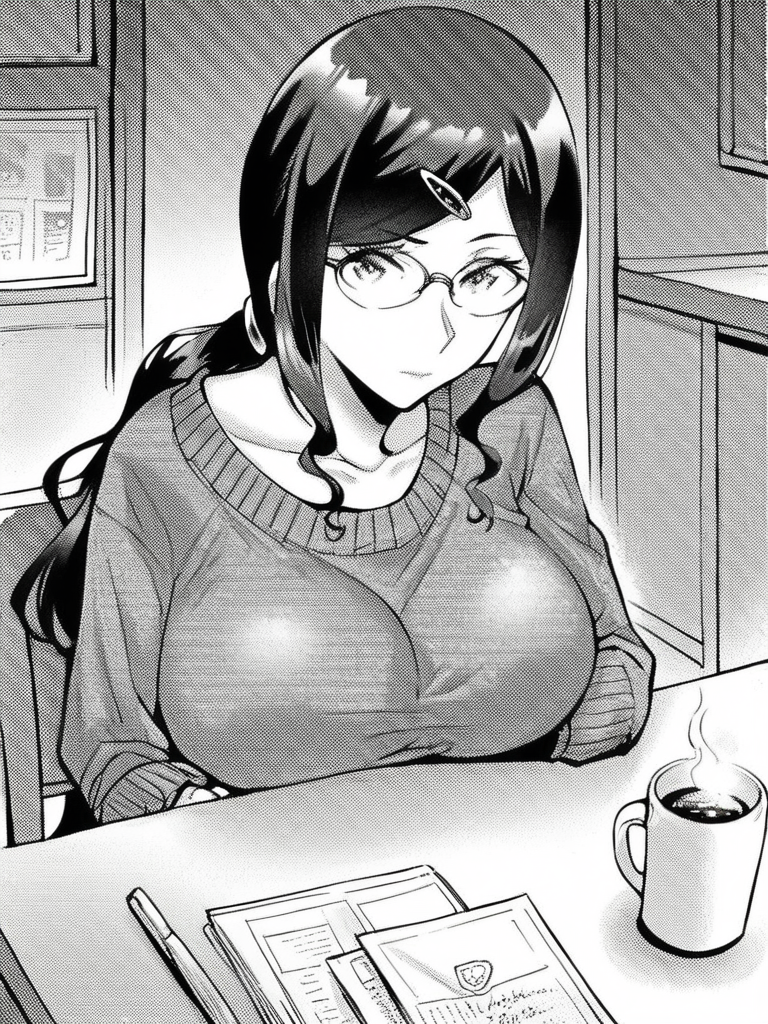 score_9, score_8_up, score_7_up, 
1girl, monochrome, manami mariko, black hair, swept bangs, hairclip, low ponytail, glasses, large breasts,
sitting, across table, pov,  looking at viewer, closed mouth, sweater, coffee mug,