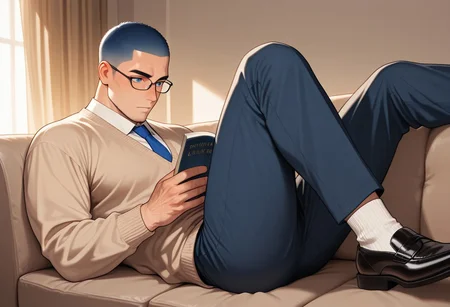 masterpiece, best quality, background details visible, very aesthetic, absurdres, newest, detailed background, warm lively light, lively and bustling atmosphere, definition so sharp it cuts latency, Ultra-HD, 8K cinematic, very awa, impressionate, amazing quality, highres,
indoor, living room, reading book, on couch, legs on couch, sitting on couch,
solo, male focus, manly, muscle body, mature male,
1boy, mbtiistj, blue eyes, glasses, short hair, very short hair, shirt, tie, sweater, pants, socks, shoes