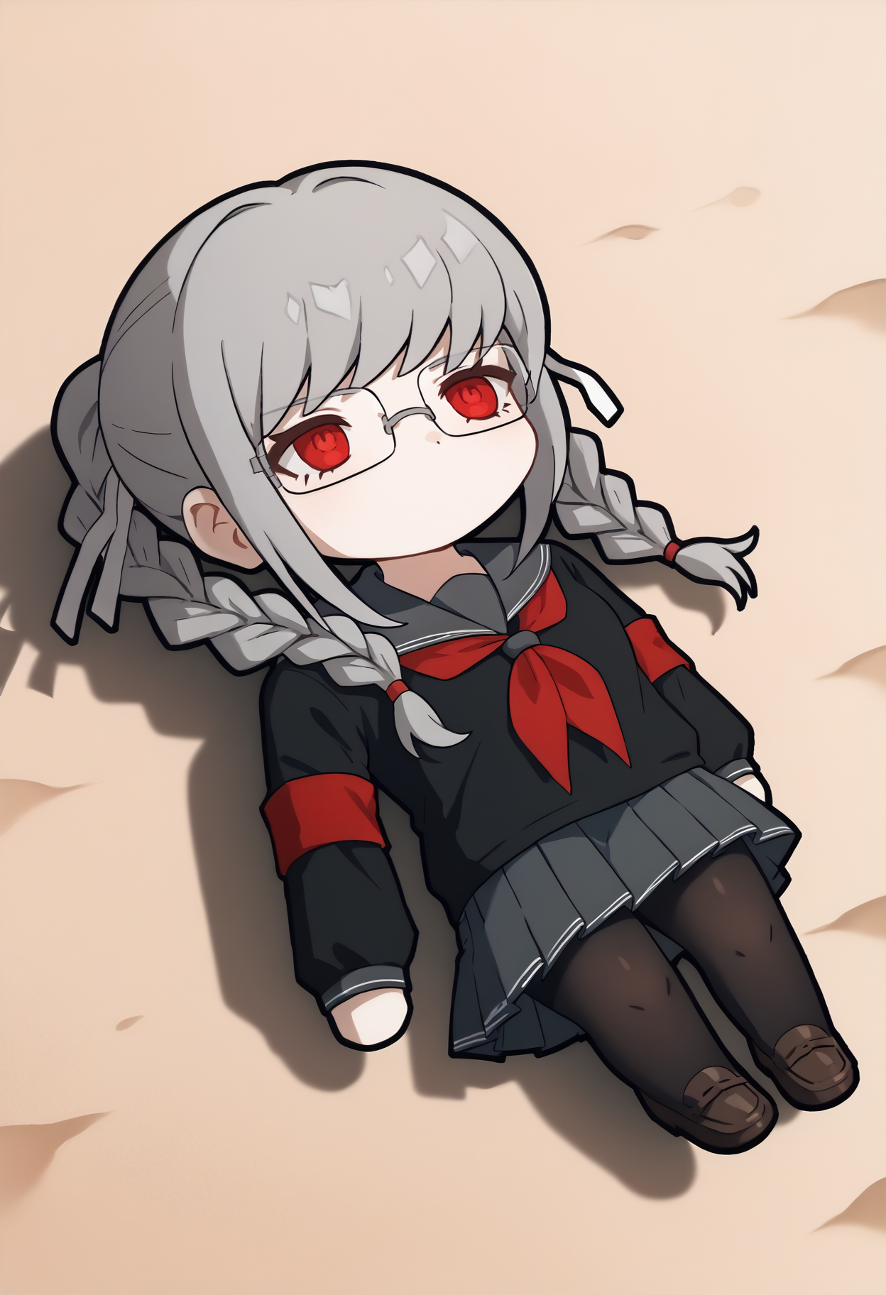 score_9, score_8_up, score_7_up, source_anime, 1girl, <lora:QiqiFallen_XLPD:1.2> QiqiFallen, lying, on back, chibi, <lora:PekoDR-pdxl:1> defPeko, grey hair, twin braids, red eyes, glasses, hair ribbon, white ribbon, school uniform, black serafuku, red neckerchief, long sleeves, red armband, pleated skirt, black pantyhose, loafers, sand