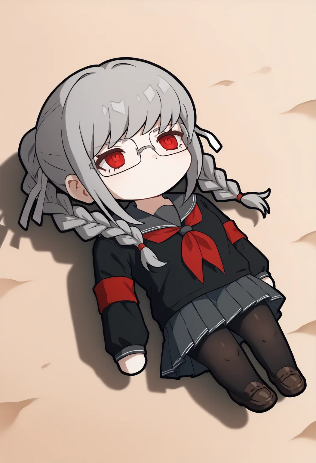 score_9, score_8_up, score_7_up, source_anime, 1girl, <lora:QiqiFallen_XLPD:1.2> QiqiFallen, lying, on back, chibi, <lora:PekoDR-pdxl:1> defPeko, grey hair, twin braids, red eyes, glasses, hair ribbon, white ribbon, school uniform, black serafuku, red neckerchief, long sleeves, red armband, pleated skirt, black pantyhose, loafers, sand