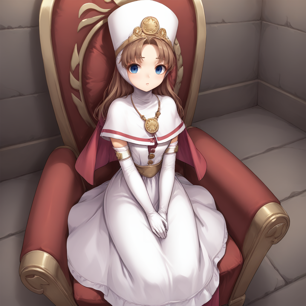 score_9, score_8, score_7, rating_safe, full body shot, from above, solo, 1girl, <lora:Princess_Minnie_DQ8_PXL:1> princess_minnie_dq8, brown hair, long hair, parted bangs, blue eyes, hat, capelet, white dress, short dress, red skirt, long skirt, elbow gloves, red shoes, mary janes, sitting, on throne, indoors, castle interior