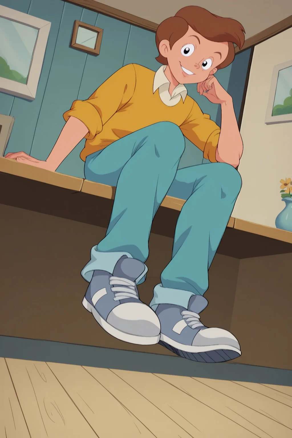 score_9, score_8_up, score_7_up, score_6_up, BREAK, TommySPLXL, retro artstyle, black eyes, brown hair, short hair, male child, pectorals, white collar shirt, yellow shirt, sleeves rolled up, blue pants, grey shoes, solo, full body, sitting, bellow view, seductive smile, looking at viewer, indoors <lora:TommySPLXL:1>