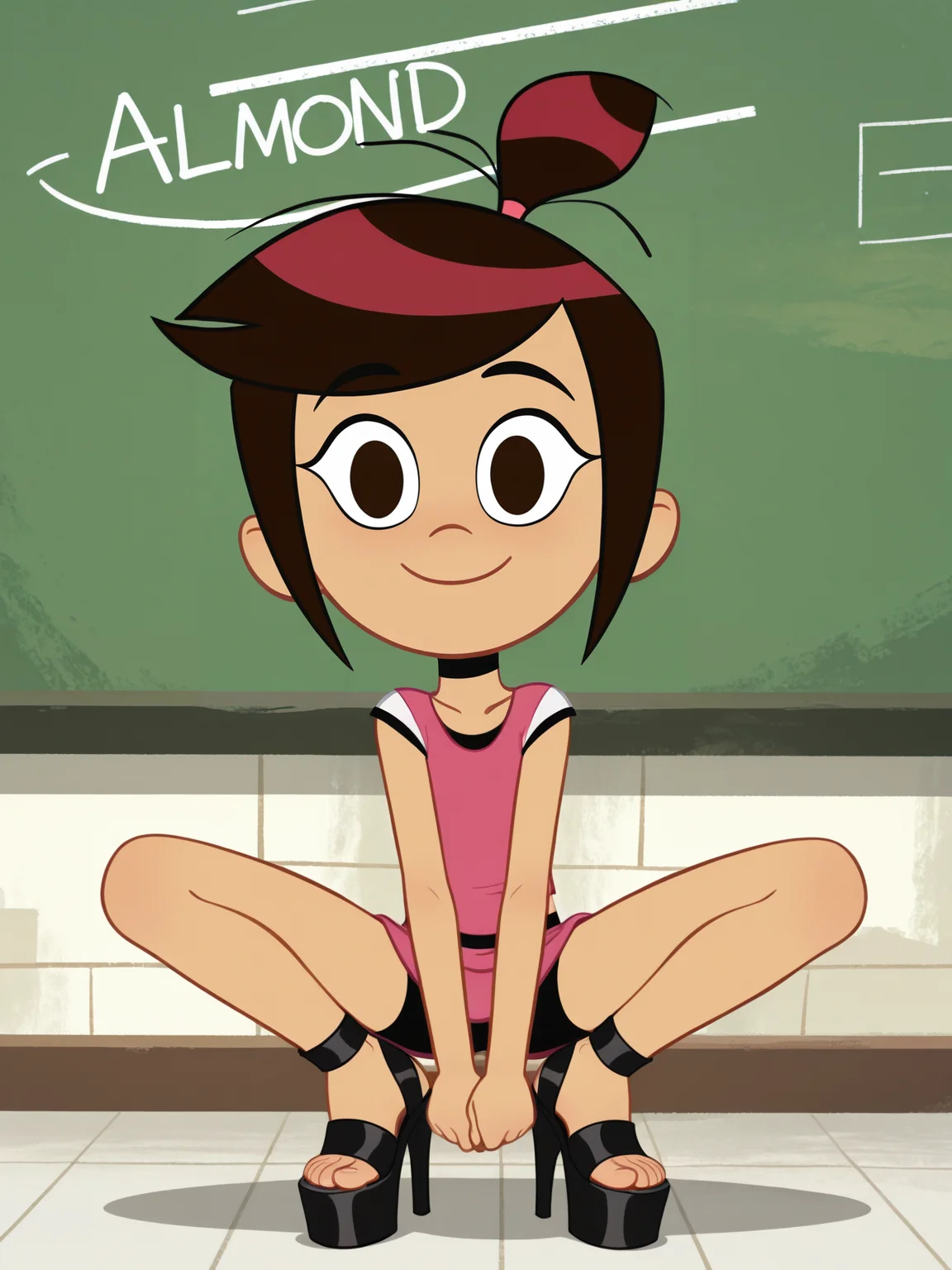 <lora:Molly_McGeeIL:0.9> 1girl, m_m, almond-shaped dark brown eyes, straight dark brown hair, small high ponytail,pink hair tie,
looking at viewer, squatting, front view, spreading legs, platform high heels