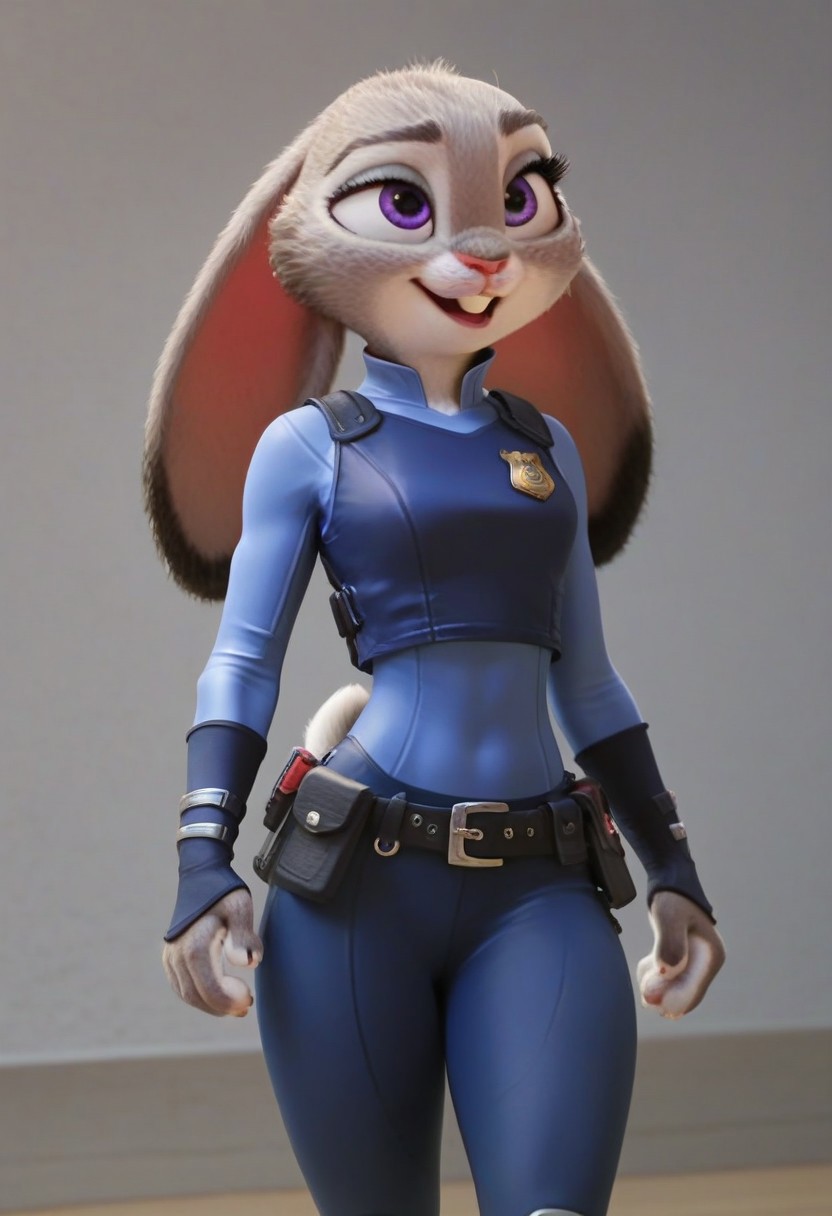 score_9, score_8_up, score_7_up, score_6_up,1girl,solo,masterpiece,easynegative,Expressiveh,hoppsJudyzt, anthro, female, bunny, grey fur, purple eyes, rabbit ears, rabbit tail, rabbit girl, buck teeth,zpd uniform, dark blue pants, blue shirt, belt, belt pouch, dark blue vest, badge, toeless blue footwear, blue Workout Bodysuit