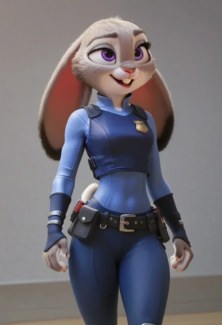 score_9, score_8_up, score_7_up, score_6_up,1girl,solo,masterpiece,easynegative,Expressiveh,hoppsJudyzt, anthro, female, bunny, grey fur, purple eyes, rabbit ears, rabbit tail, rabbit girl, buck teeth,zpd uniform, dark blue pants, blue shirt, belt, belt pouch, dark blue vest, badge, toeless blue footwear, blue Workout Bodysuit